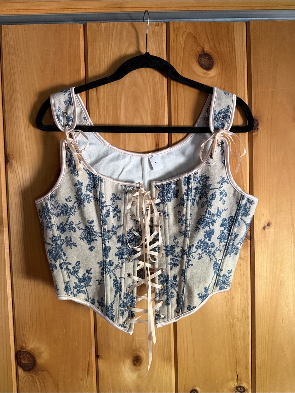 Floral Lace-Up Corset Tank Top - Blue on Cream
